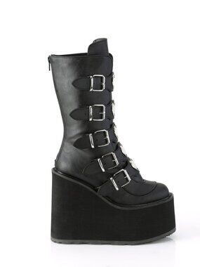 Black Vegan Leather Mid-Calf Boots with Heart Metal Plate Buckle Straps